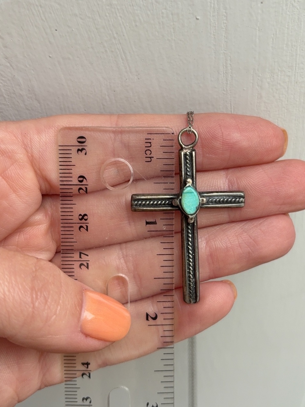 Sterling Silver Vintage Native American Turquoise Cross Pendant Necklace - Picture 8 of 8